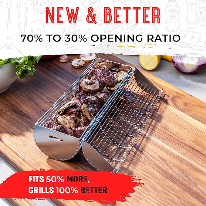 Rolling Grill Basket, New Opening Design, Extra Sturdy Cylinder Grilling Basket, Food Grade Stainless Steel, Large Portable Outdoor Camping accessories BBQ Net Rack, Cooking Griller for Fish, Vegetables, and More - Gifts for Men Dad Husband - Set of 2