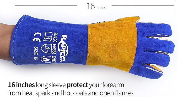 RAPICCA Welding Gloves Fire Heat Resistant: Blue 16IN 932℉ - Fireproof Leather For Stick Mig Flux-Core Welder Forge Blacksmith Fireplace Wood Stove Fire Pit Grill Oven Furnace Handling Dry Ice