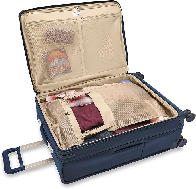 Briggs & Riley 29" Large Expandable Spinner - Checked Luggage for Travel, Suitcases with Wheels, Softside Rolling Bag for Men & Women, Self-Repairing Zipper - Baseline Collection, Navy