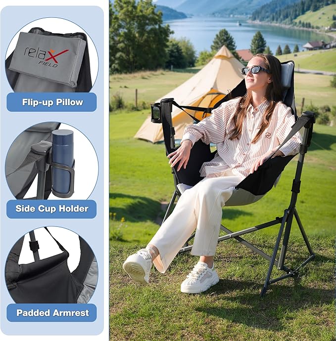 Hammock Camping Chair, 3 Heights Swinging Chair with Adjustable Backrest, Folding Rocking Chair with Head Pillow&Cup Holder, Outdoor Chairs for Camping and Hiking, Supports 350lbs, Black