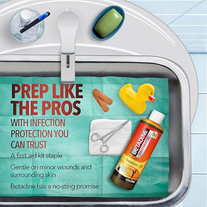 Betadine Antiseptic Liquid First Aid Solution, Povidone-Iodine 10%, Kills Germs in Minor Cuts Scrapes & Burns, No Sting Promise, No Alcohol or Hydrogen Peroxide, 8 FL OZ (Pack of 2)