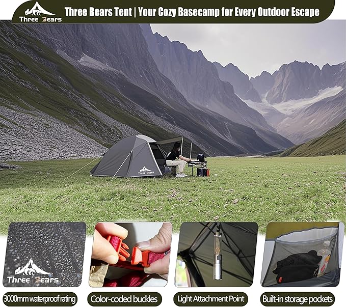 ThreeBears 4-Person Backpacking Tent Shelter, 3000mm Waterproof, Easy Setup, Spacious for Family Outdoor Adventures, Hiking, and Camping Trips