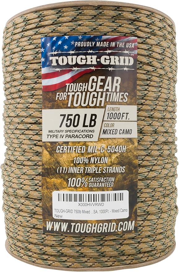 TOUGH-GRID Paracord Rope 750 lbs Nylon Parachute Cord, Made in USA Survival Kit, Outdoor Adventures, Camping, Tactical Gear & Emergency Supplies, Military Type IV Mil-Spec