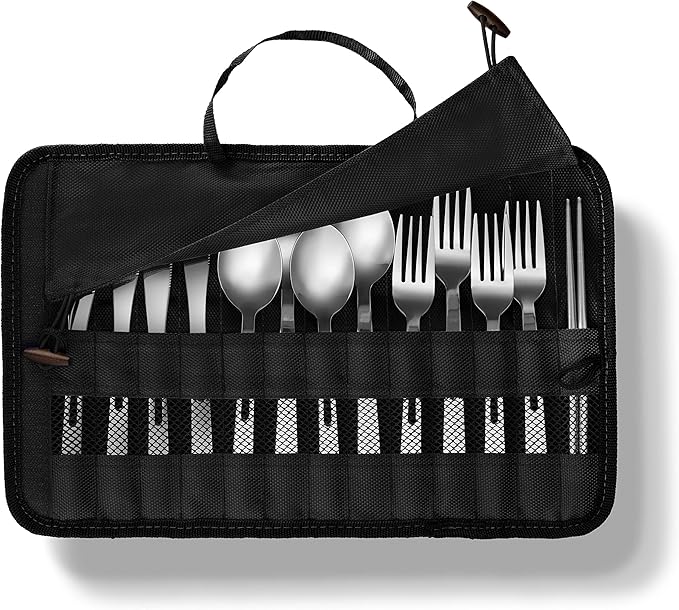 13 Piece Stainless Steel Family Cutlery Picnic Utensil Set with Travel Case for Camping | Hiking | BBQs - Includes Forks | Spoons | Knifes | Chopstick, Plus Nylon Commuter Case (Black)