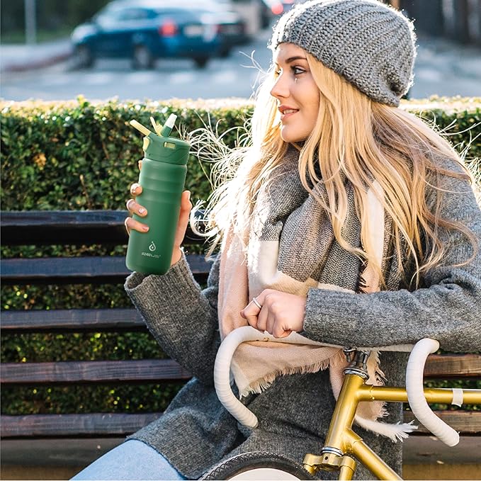 IDEUS Insulated Stainless Steel Water Bottle with 2 Leak-Proof Lids, Thermal Water Flask for Hiking Biking, 24oz, Green