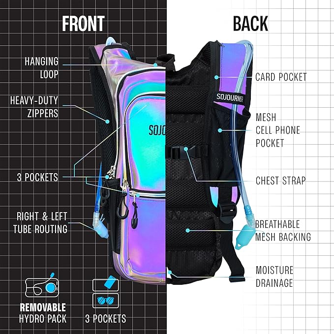 Sojourner Hydration Pack, Hydration Backpack - Water Backpack with 2l Hydration Bladder, Festival Essential - Rave Hydration Pack Hydropack Hydro for Hiking, Running, Biking, Festival Gear