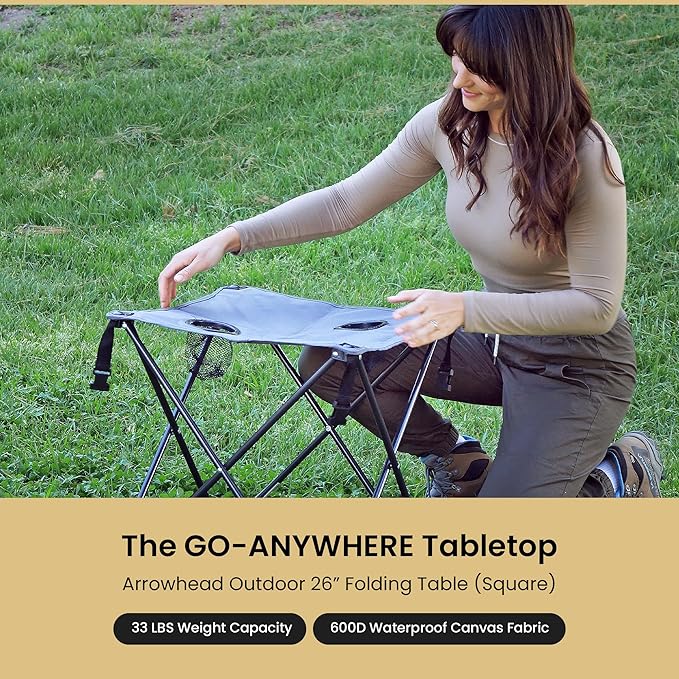 ARROWHEAD OUTDOOR 26” (66cm) Portable Camping Folding Table, 2 Cup Holders, Square, Carrying Case, Steel Frame, High-Grade 600D Canvas