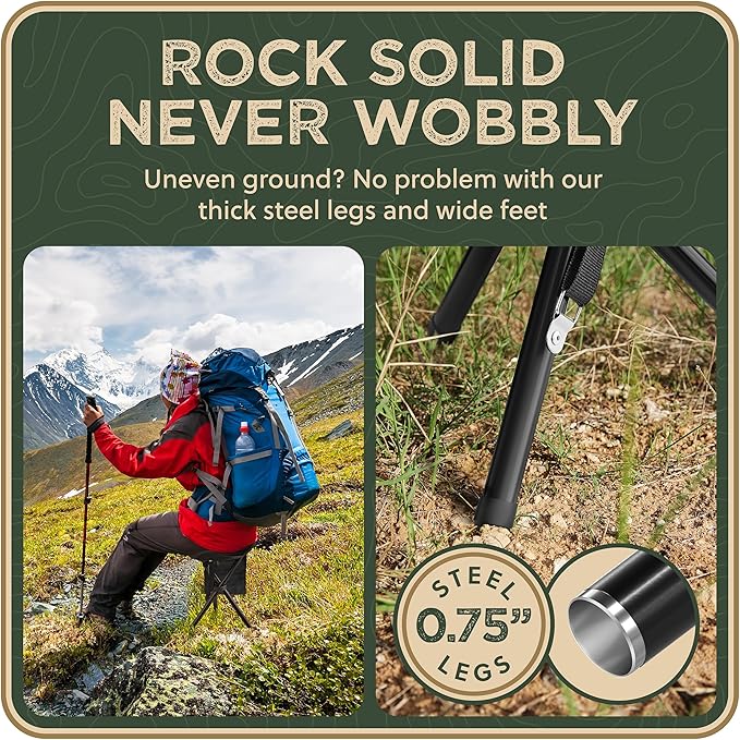 Foldable Tripod 13.4'' Stool - Ultra Portable Seat, Best for Youth+Pocket - 1 lb Camping Stool, 3 Legged Strong Steel Stool, Height: 13.4 inches (Black)