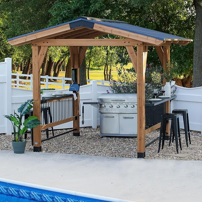 Backyard Discovery Granada 10' x 9' Cedar Wood BBQ Grill Gazebo Pavilion with Hardtop Galvanized Steel Roof, Bar Tops, Powerport, Snow Support, Wind Resistance, Cook Station for Outdoor Patio or Deck