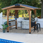 Backyard Discovery Granada 10' x 9' Cedar Wood BBQ Grill Gazebo Pavilion with Hardtop Galvanized Steel Roof, Bar Tops, Powerport, Snow Support, Wind Resistance, Cook Station for Outdoor Patio or Deck