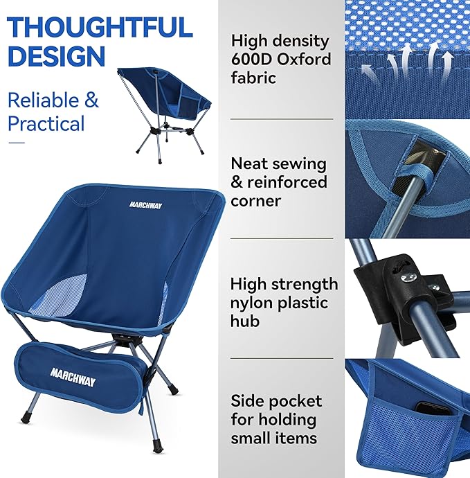 MARCHWAY Lightweight Folding Camping Chair with Spring Lock, Stable Compact Portable for Outdoor Camp, Travel, Beach, Picnic, Festival, Hiking, Backpacking (Lowback Dark Blue)