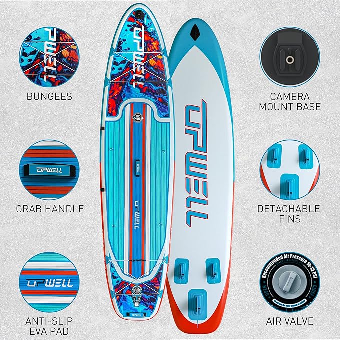 UPWELL 11’6”/11'2”/11'/10'8”/10'6”/10'2” Inflatable Stand Up Paddle Board with sup Accessories Including Backpack, Repairing Kits, Non-Slip Deck, Leash, 3 Fins, Paddle and Hand Pump