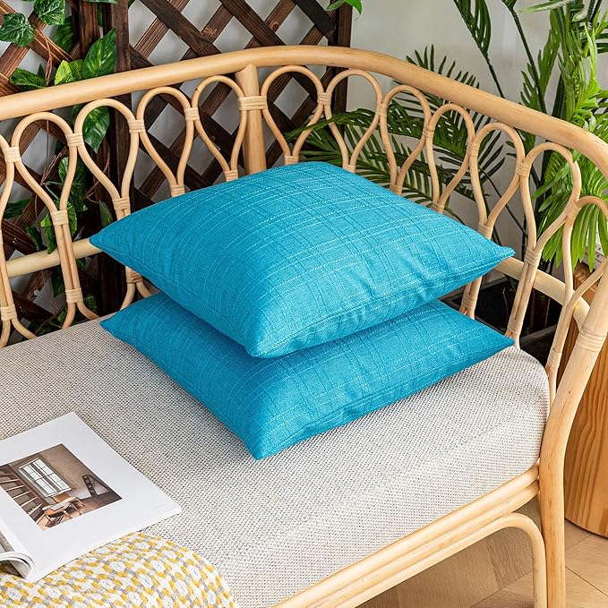 Kevin Textile Pack of 2 Decorative Outdoor Waterproof Pillow Covers Garden Checkered Cushion Sham Throw Pillowcase Shell for Patio Tent Couch 20x20 Inch Peacock Blue