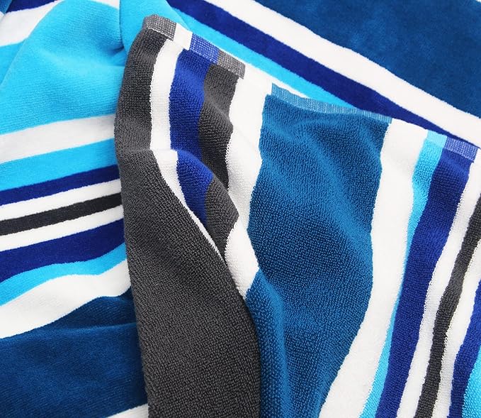 COTTON CRAFT Hooded Beach Towel – Oversized 39 x 68 Towel with Hood for Adults - 100% Ringspun Cotton Velour Terry Towel Stripe Bath Wrap - Super Soft Plush Absorbent Quick Dry – 450 GSM – Cancun Blue