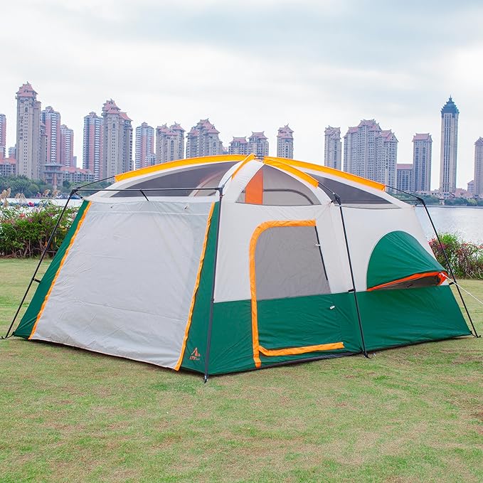 KTT Large Family Cabin Tent 10-12 Person,14.1X10X6.58ft,2 Rooms,3 Storage Pockets,2 Bay-Windows 3 Doors and 3 Windows with Mesh,Straight Wall,Waterproof,Double Layer,Big Tent for Outdoor,Camping