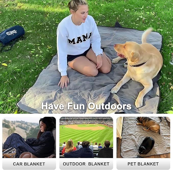 Waterproof Outdoor Blanket 82”X 55” Packable, Stadium Blankets for Camping with Quilted Fleece Lining, Large Windproof Emergency Throw Mat for Garss Picnic Hiking Road Trip, Machine Washable, Navy