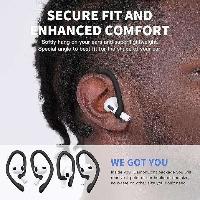 Ear Hooks 2 Pairs for AirPods Pro 2 & 1, AirPods 4 & 3, Anti-Slip Comfortable Fit, Ergonomic Design, Accessories (Large, Black)
