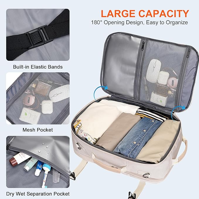 PIJUSHI Travel Backpack for Women Carry on Suitcase Backpack Flight Approved Personal Item Bag Fits 16 Inch Laptop(PE035 Beige)