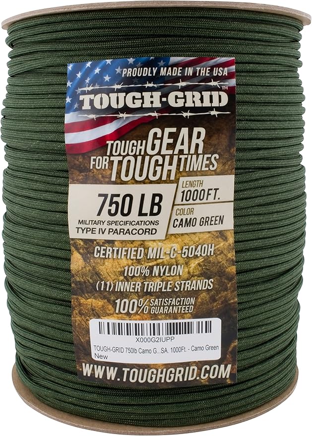 TOUGH-GRID Paracord Rope 750 lbs Nylon Parachute Cord, Made in USA Survival Kit, Outdoor Adventures, Camping, Tactical Gear & Emergency Supplies, Military Type IV Mil-Spec