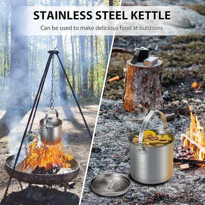 Lixada 5PCS Camping Cookware Set Stainless Steel 1.2L Camping Pot with 2 Cups & 2 Bowls, Lightweight Portable Backpacking Pot with Foldable Handles & Lid for Outdoor Cooking Hiking Picnic