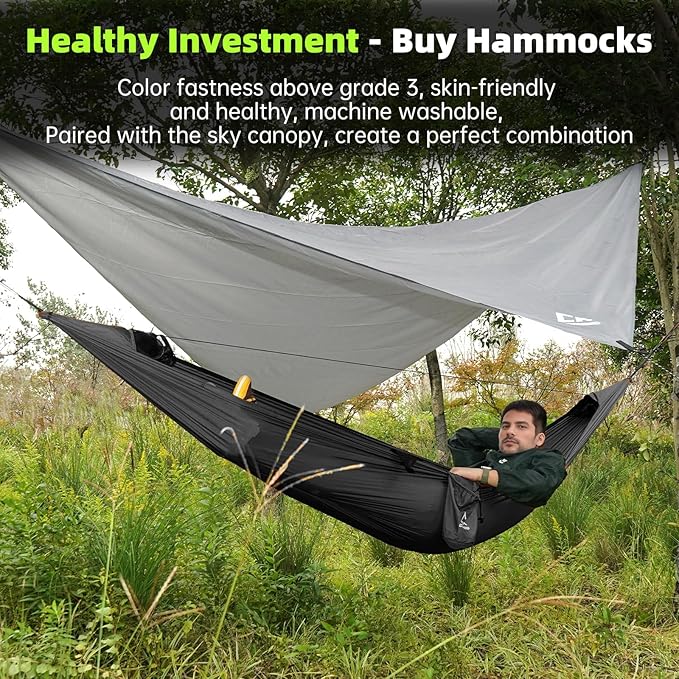 Camping Hammock with Mosquito Net and Rain Fly Tarp - 2 Person Hammock Tent, Portable Parachute Nylon Hammock for Outdoor, Hiking, Backpacking, Backyard, Travel (Hold Up to 500lbs) - Black