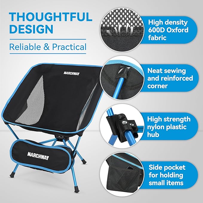 MARCHWAY Lightweight Folding Camping Chair, Portable Foldable Compact for Outdoor Camp, Travel, Beach, Picnic, Festival, Hiking, Backpacking, Supports 330Lbs (Blue)