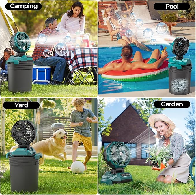 PANERGY Portable Misting Fan for Outdoors-30000mAh Rechargeable Battery, 4-Speed Fan,4 Spray Modes,10-13 Inch Bucket Compatible,Auto Oscillation&Adjustable Tilt,Remote Control for Camping/Beach/Patio