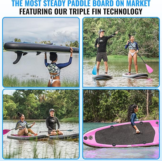 Crew Axel Inflatable Paddle Board 10’33’6” Extra Wide & Lightweight (18lb) Paddle Board – Premium SUP Set Includes 2 Bags, Floating Paddle, Camera Mount, 3 Fins, Dual Pump Kit