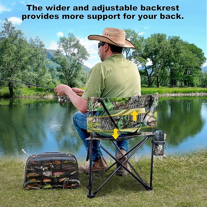 Extra Large Tripod Camping Chair with Backrest Portable Fishing Chair with Cup Holder Lightweight Folding Chair for Hunting, Hiking, Outdoor