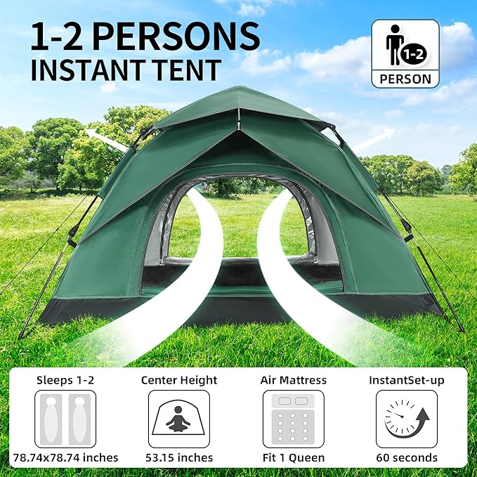 1-2 Person Instant Pop Up Tent, Quick Setup Lightweight Camping Tent for Solo or Duo, Waterproof Windproof Dome Tent for Hiking, Backpacking, Beach, Festival with Carry Bag