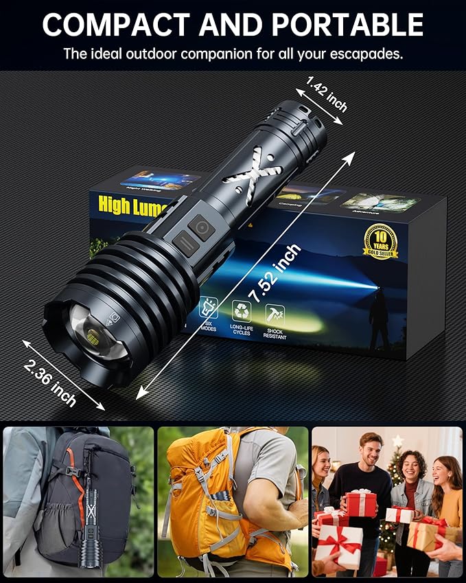 Rechargeable LED Flashlights 5800 High Lumens, Super Bright High Powered Flashlight Long Range W/2 Buttons, Zoomable 12Modes & IP67 Waterproof, Powerful & Strong Handheld Flashlights for Home Camping