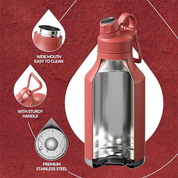 IDEUS Insulated Stainless Steel Water Bottle with 2 Leak-Proof Lids, Thermal Water Flask for Hiking Biking, 64oz, Red