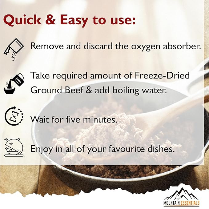 MOUNTAIN ESSENTIALS Freeze-Dried Ground Beef – Pre-Cooked and Ready-to-Eat Hamburger Meat | Everyday Meal Prep, Emergency Food Supply, Camping and Survival Food | 10 Servings per Pouch | Made in USA | 7-Year Shelf Life | Pack of 1