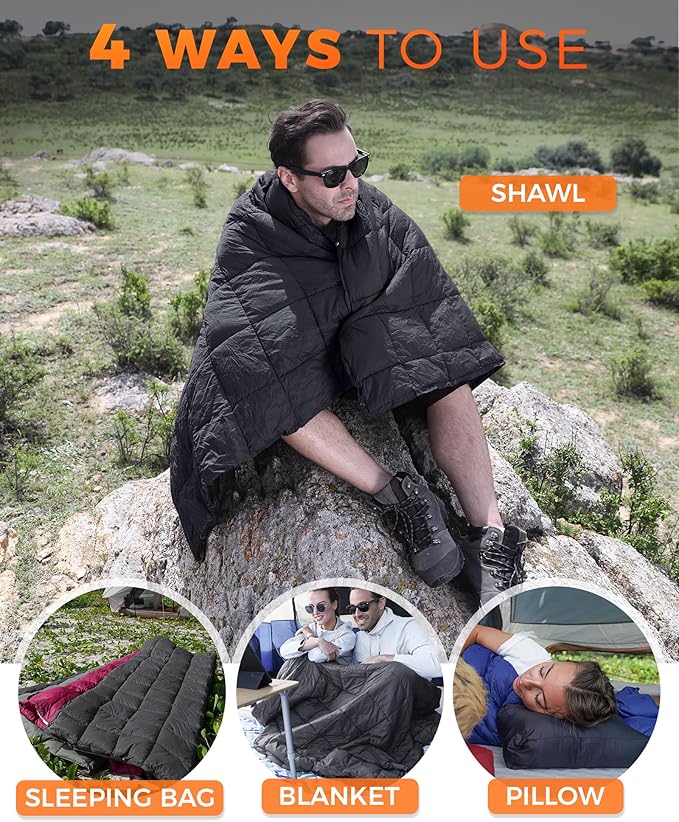 KingCamp Ultralight Camping Blanket, Packable Down Alternative Puffy Wearable Blankets Weatherproof Warm Package Quilt with Snap Buttons for Outdoor Hiking Travel Picnic Stadium (69"L x 53"W, BLACK)