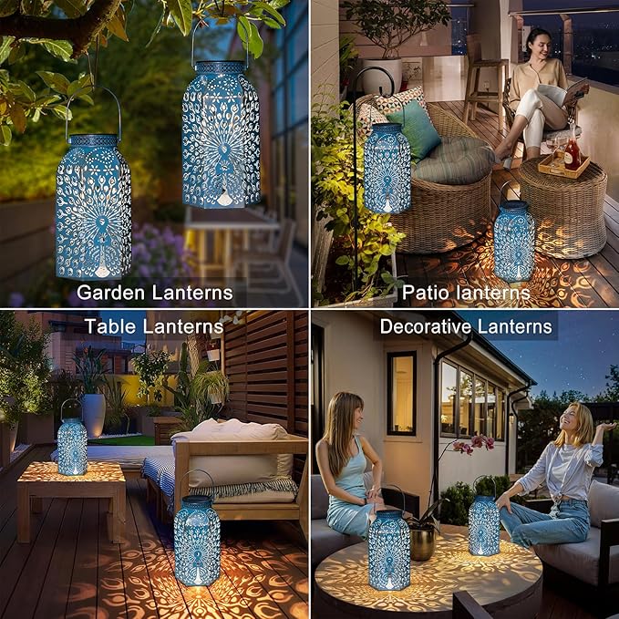 Outdoor Solar Lanterns Waterproof Peacock Garden Gifts Women Mom, Big Solar Lights, Garden Decor, Yard Art, Outside Birthday, Mothers' Day Birthday Gifts Grandma Grandpa(2Pack, Blue Gold