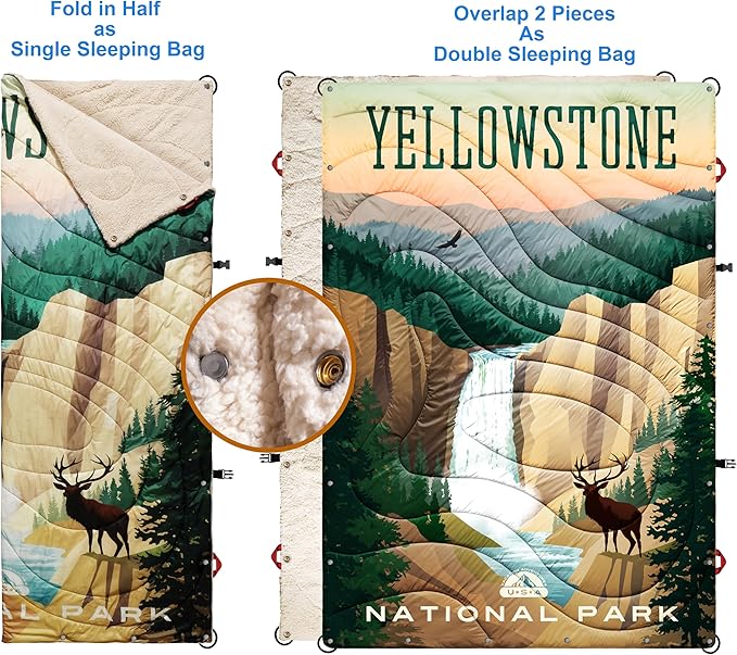 Sherpa Puffy Outdoor Blanket for Camping, Traveling, Car, Picnics, Beach, Concert, Stadium Sporting Events - Wearable, Machine Washable, Soft, Warm, Waterproof - 55 X 78 (Yellowstone NP)