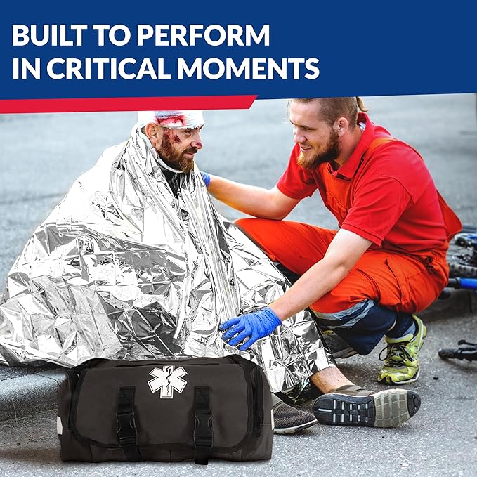 First Responder Trauma First Aid Kit Bag – Fully Stocked Emergency Medical Kit for Workplace, Vehicle & Home – OSHA & ANSI Compliant – Portable – Tactical Black