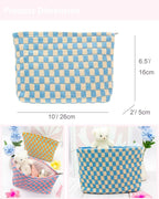 PAZIMIIK Knitted Checkered Makeup Bag Large Zipper Make Up Accessory Pouch for Purse Cosmetic Brush Bag for Travel Essential Blue Beige
