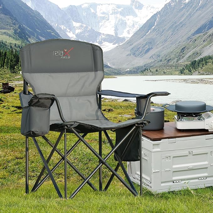 Oversized Folding Camping Chair, Heavy Duty Support 500LBS Outdoor Chair with Cup Holder Storage and Cooler Pouch, Collapsible Padded Arm Chair for Sports Garden Beach Fishing, Grey