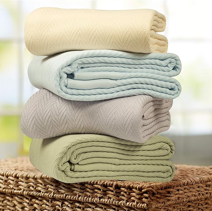 Threadmill Vanilla Cream 100% Combed Cotton King Size Blanket, All-Season Soft Breathable Light Weight Herringbone Throw