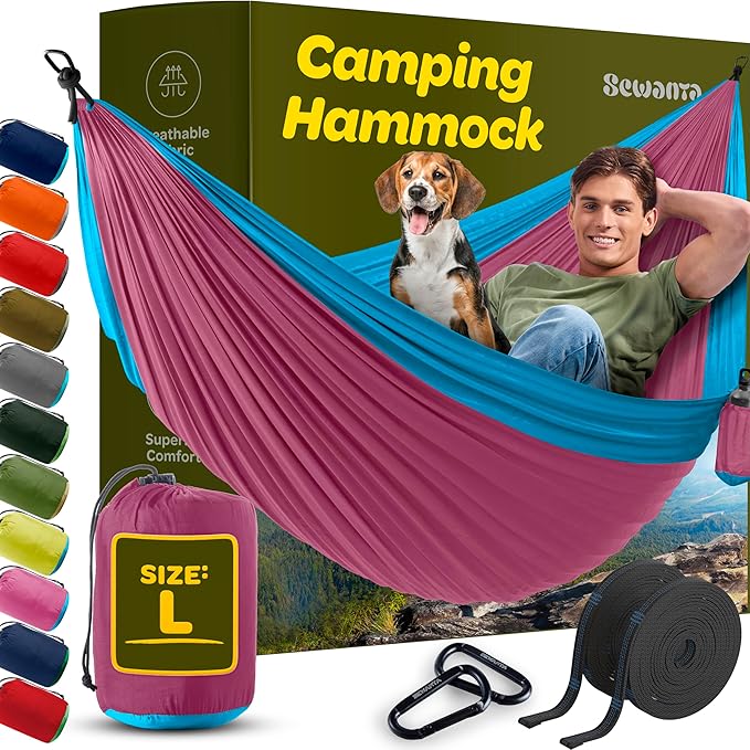 Durable Hammock 500 lb Capacity, Nylon Camping Hammock Chair - Double or Single Sizes w/Tree Straps and Attached Carry Bag - Portable for Travel/Backpacking/Beach/Backyard (Large, Fuchsia & Sky Blue)