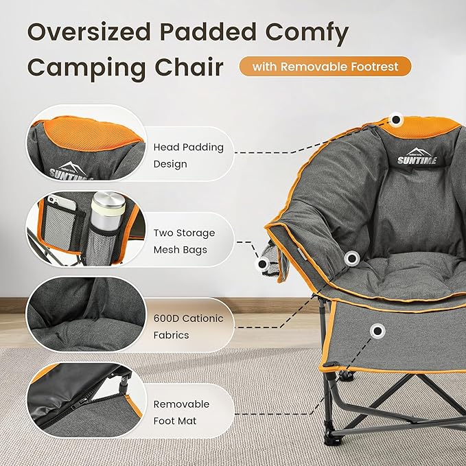 OUTDOOR LIVING SUNTIME Oversized Padded Comfy Camping Chair with Removable Footrest， Weight Capacity 400 LBS, Heavy Duty Moon Round Leisure Folding Chair for Camping, Hiking, Carry Bag, Orange