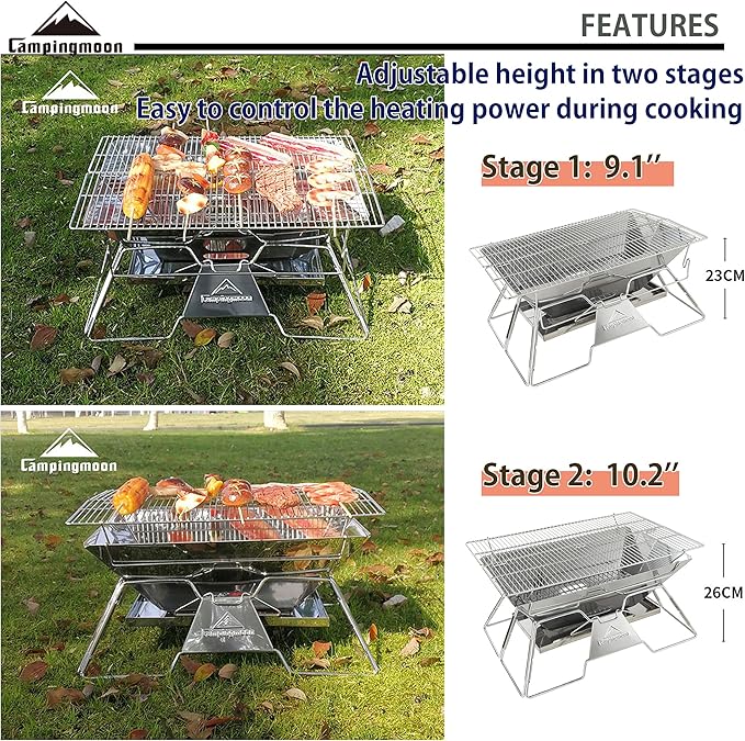 CAMPINGMOON Portable Camping Fire Pit Stainless Steel Foldable Collapsible BBQ Grill Wood Burning Charcoal 20x13-inch with Carrying Bag MT-3
