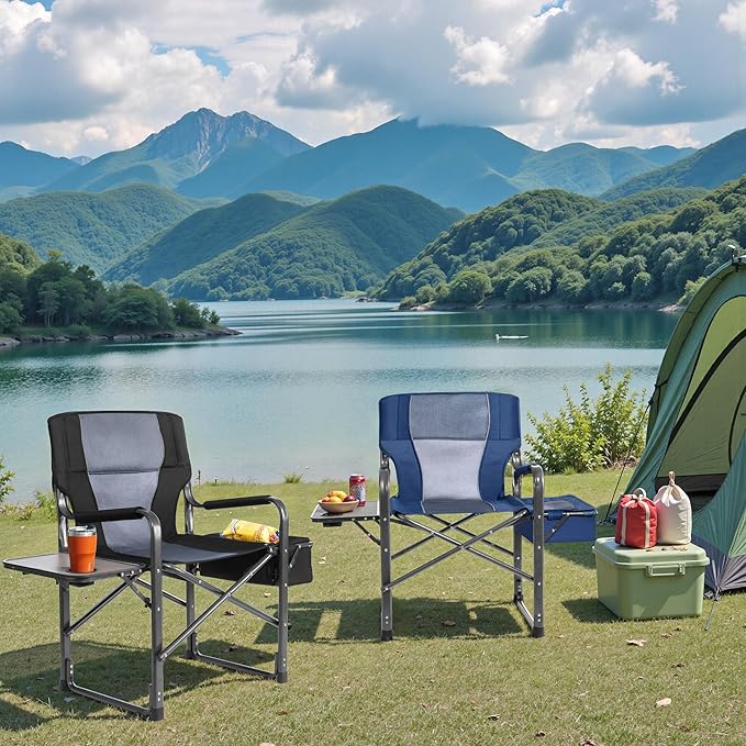 Oversized Camping Chairs,Heavy Duty Support 500 LBS,Directors Chair With Padded Back & Arm Sport Chairs With Cup Holder Cooler Bag, Collapsible Folding Chairs,Beach Chair for Outdoor, Fishing & Garden