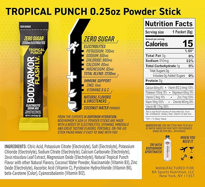 BODYARMOR Flash IV Electrolyte Packets, Tropical Punch - Zero Sugar Drink Mix, Single Serve Packs, Coconut Water Powder, Hydration for Workout, Travel Essentials, Just Add Sticks to Liquid (15 Count)