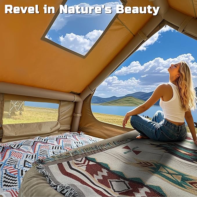 Inflatable Camping Tent for 4 Person with Heavy Duty 600D Oxford Fabric - Blow Up Tent Includes Rainfly & Air Pump,Easy Setup, Portable All Season Cabin House for Family Camping