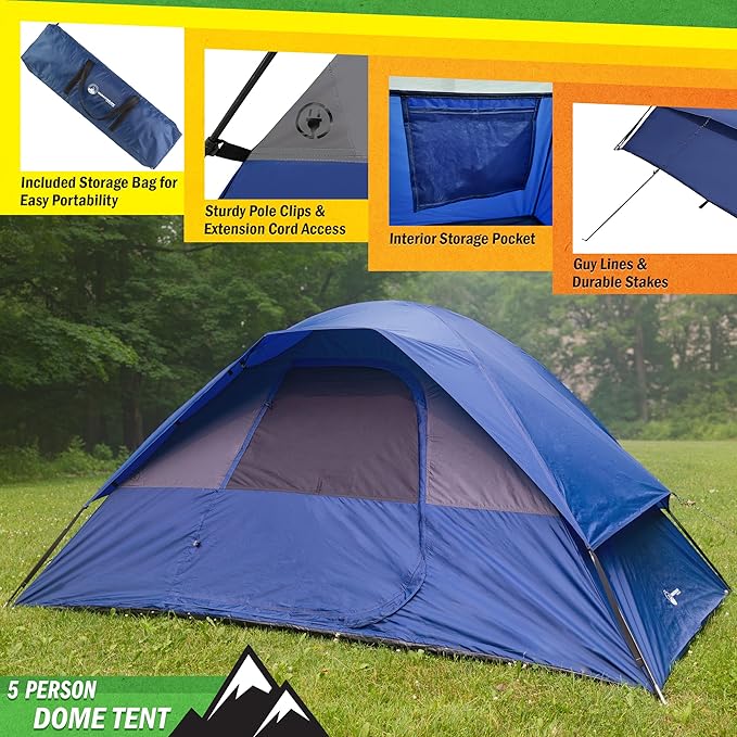 Person Camping Tent - Water-Resistant Family Tent for Camping with Removable Rain Fly, Storage Pocket, and Carrying Bag by Wakeman Outdoors