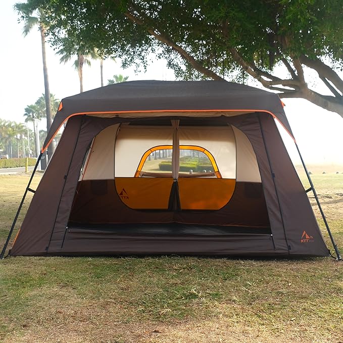 KTT Large Tent 6-12 Person,Family Cabin Tents,Straight Wall,3 Doors and 3 Windows with Mesh,Waterproof,Big Tent for Outdoor,Picnic,Camping,Family,Friends Gathering.
