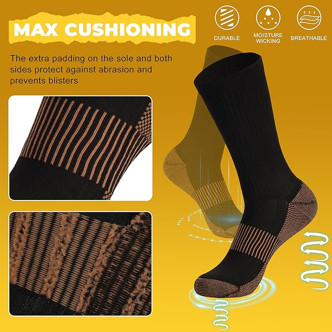 FOOTPLUS Hiking Copper Compression Socks,Unisex Cushioned Sole Arch Support Athletic Crew Running Socks