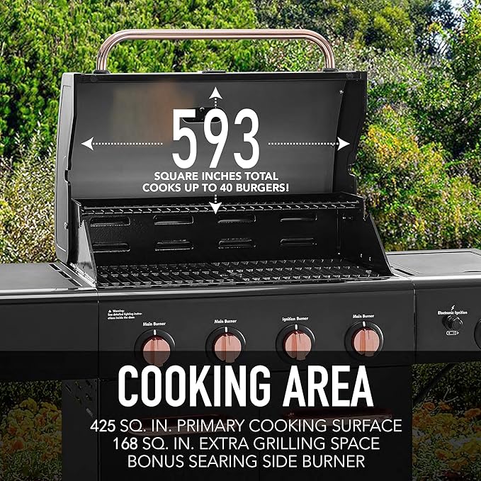 Kenmore 4-Burner BBQ Gas Grill with Searing Side Burner, Propane Grill, 52,000 BTUs, Warming Rack, Electronic Ignition & Cast Iron Cooking Grates, Black/Copper + Bonus Cover